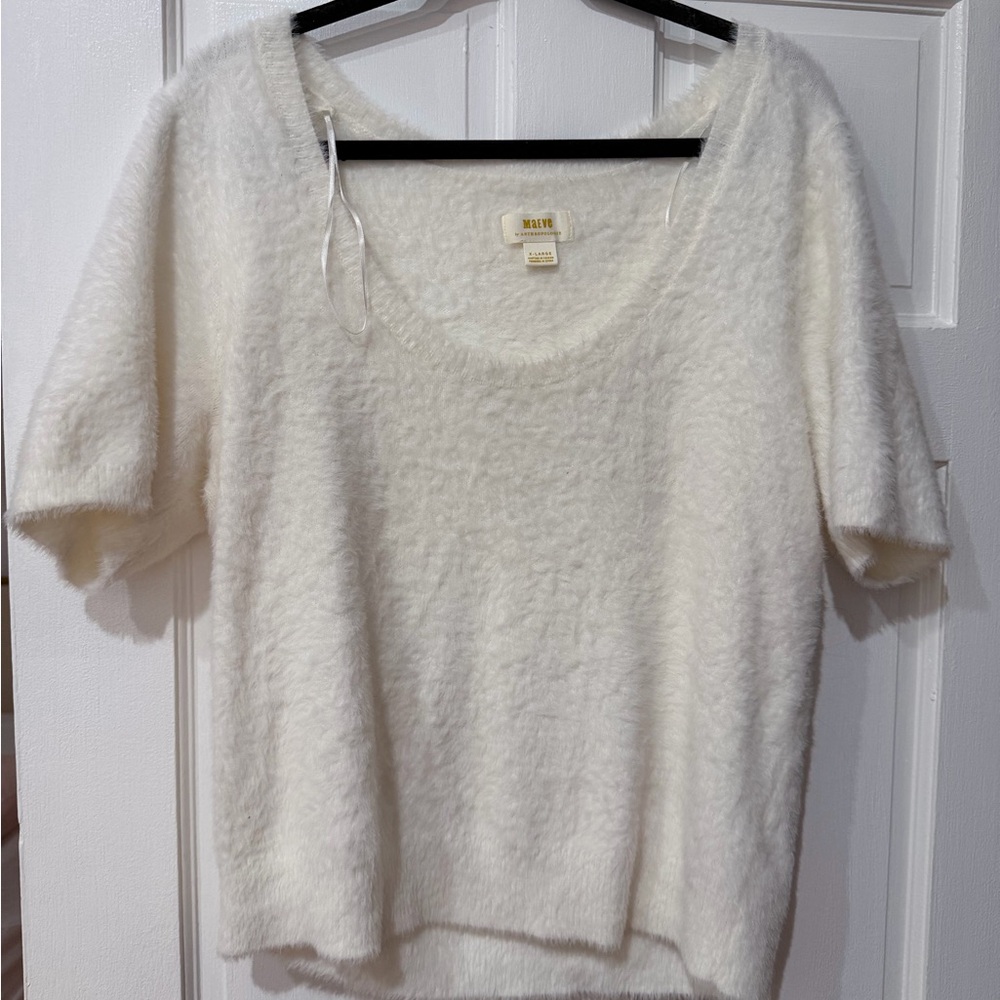 Anthropologie Cream Fuzzy Short-Sleeve Sweater Top